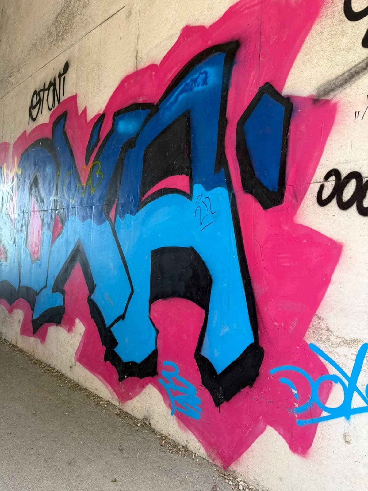 Graffiti in Pink und Blau auf einer Betonwand