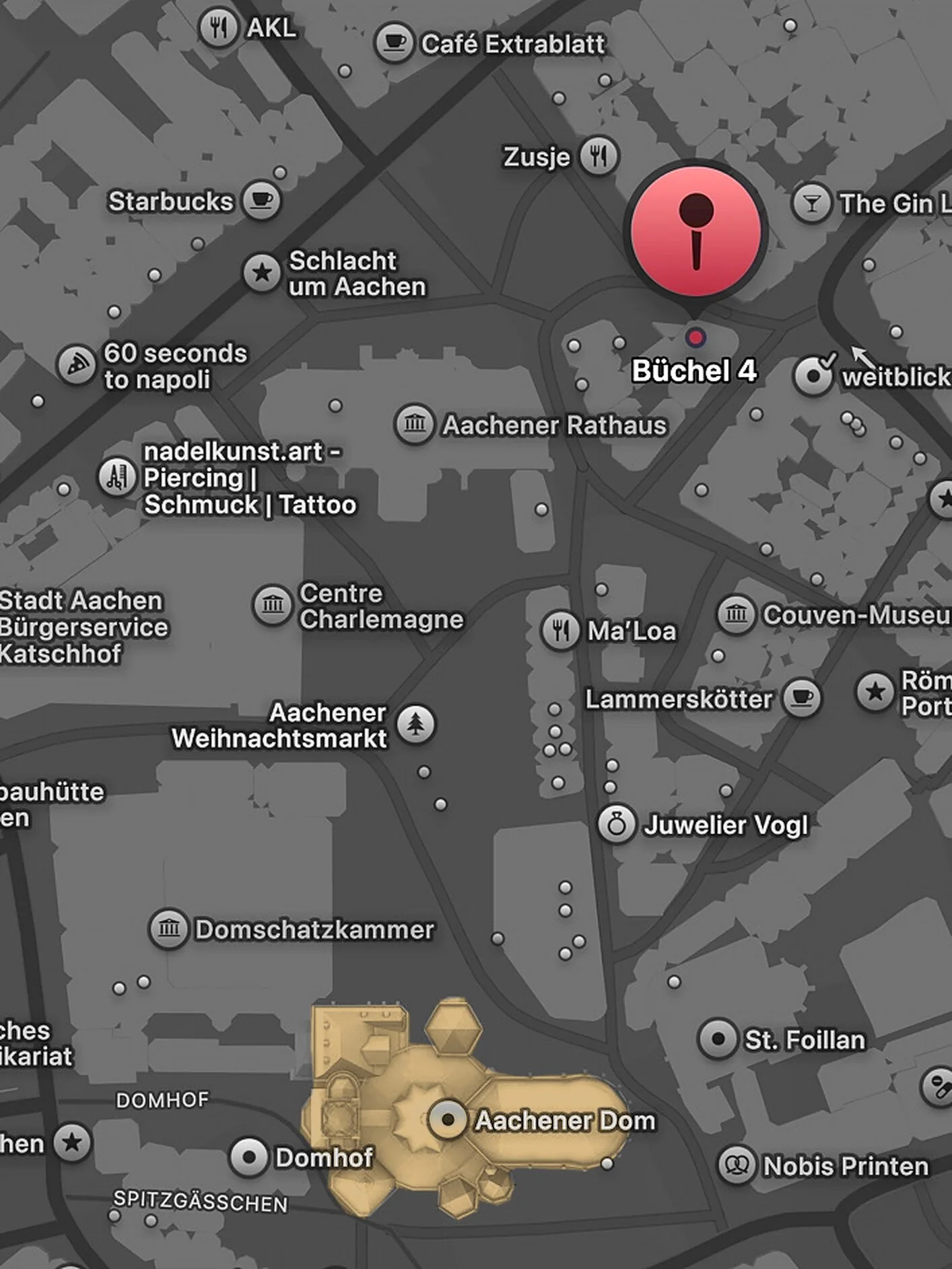 Stadtplan der Aachener Altstadt, die Nadel auf dem Büchel 4, zwischen Rathaus und Dom